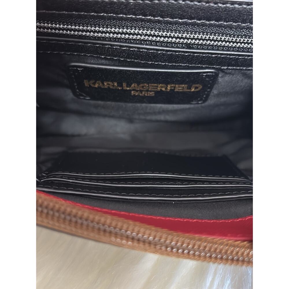 Karl Lagerfeld Brown Monogram Crossbody with Red Strap and Gold Hardware - Picture 11 of 12